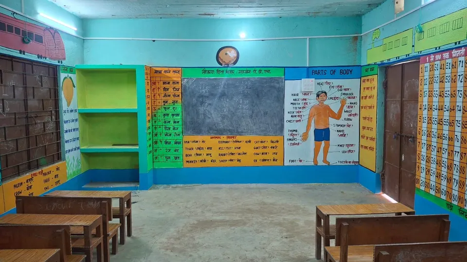 Model school classroom learning session — children and teacher in Bihar - slide 1